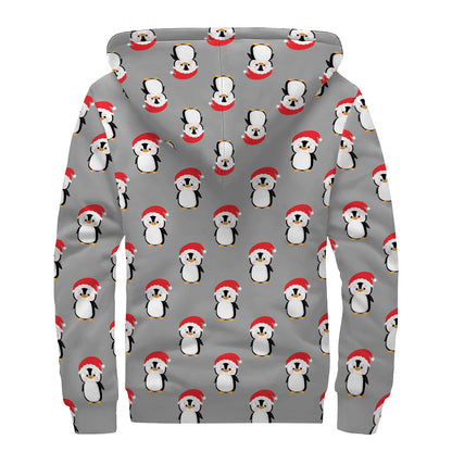 Christmas Santa Penguin Pattern Print Sherpa Lined Zip Up Hoodie