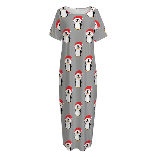 Christmas Santa Penguin Pattern Print Short Sleeve Long Nightdress
