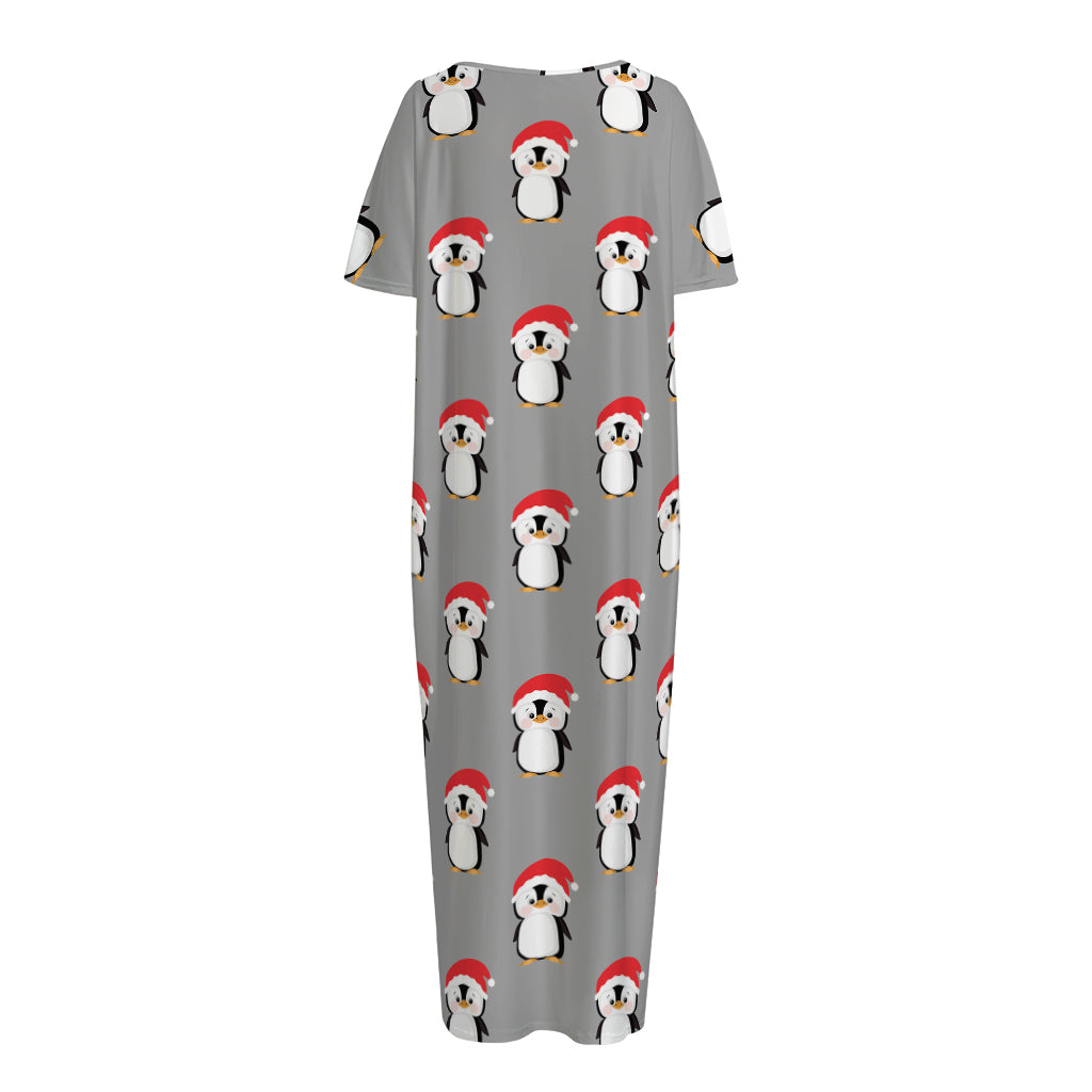 Christmas Santa Penguin Pattern Print Short Sleeve Long Nightdress