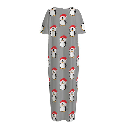 Christmas Santa Penguin Pattern Print Short Sleeve Long Nightdress