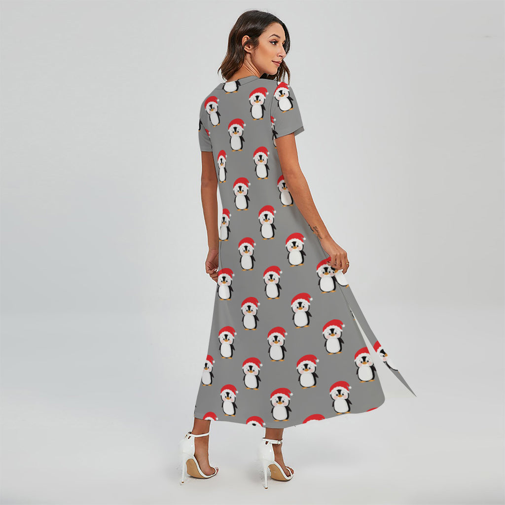 Christmas Santa Penguin Pattern Print Short Sleeve Maxi Dress
