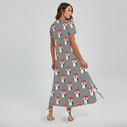 Christmas Santa Penguin Pattern Print Short Sleeve Maxi Dress