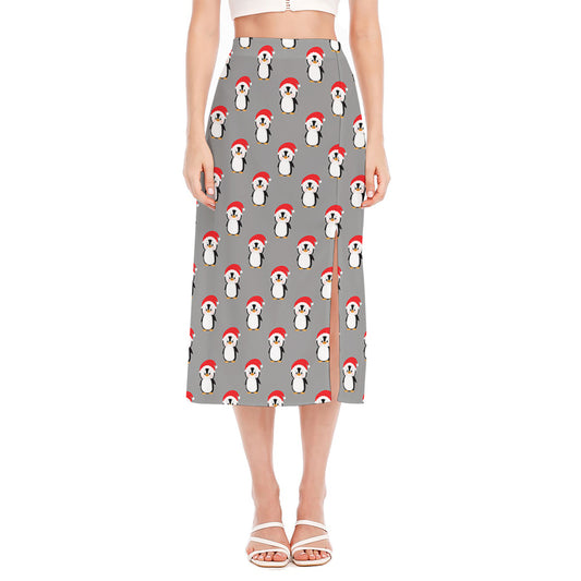 Christmas Santa Penguin Pattern Print Side Slit Midi Skirt