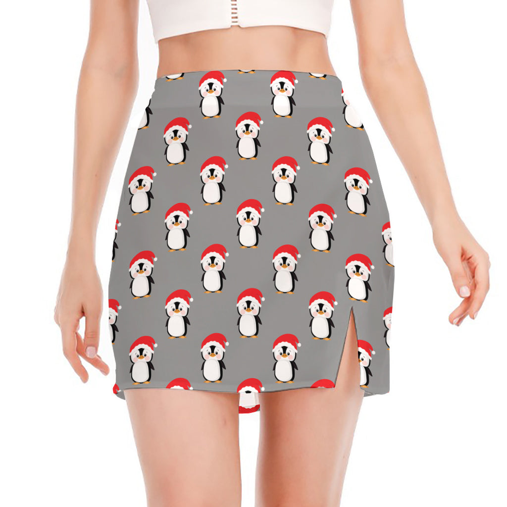 Christmas Santa Penguin Pattern Print Side Slit Mini Skirt
