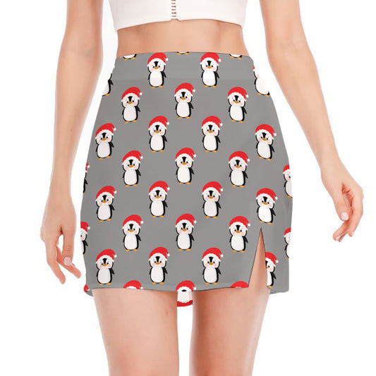 Christmas Santa Penguin Pattern Print Side Slit Mini Skirt