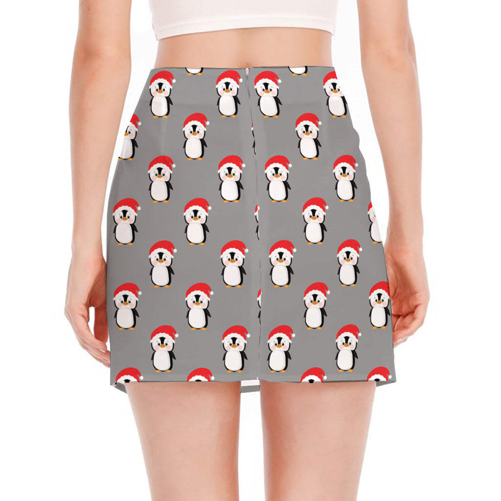Christmas Santa Penguin Pattern Print Side Slit Mini Skirt