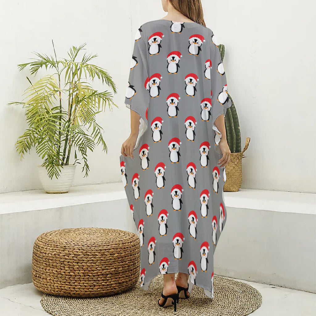 Christmas Santa Penguin Pattern Print Silk V-Neck Kaftan Dress