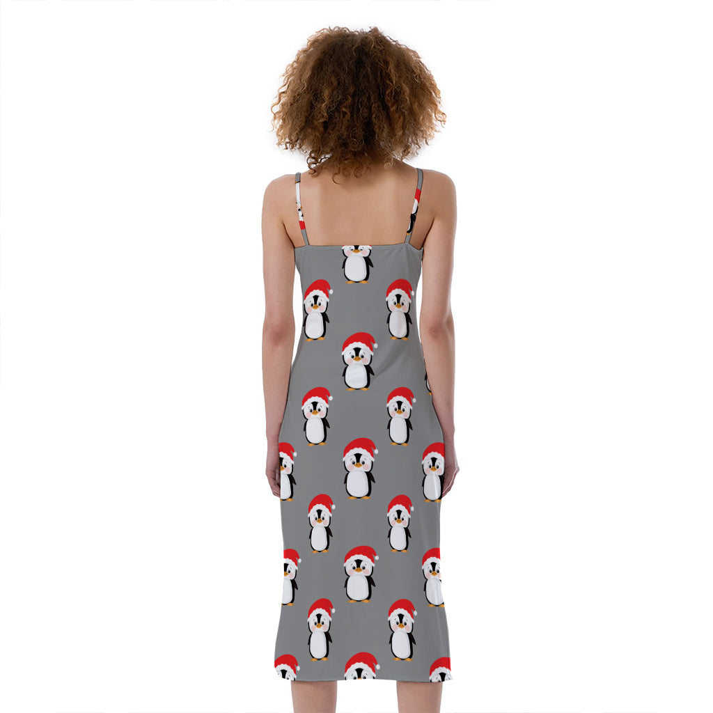 Christmas Santa Penguin Pattern Print Slim Fit Midi Cami Dress