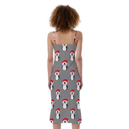 Christmas Santa Penguin Pattern Print Slim Fit Midi Cami Dress