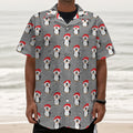 Christmas Santa Penguin Pattern Print Textured Short Sleeve Shirt