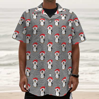 Christmas Santa Penguin Pattern Print Textured Short Sleeve Shirt