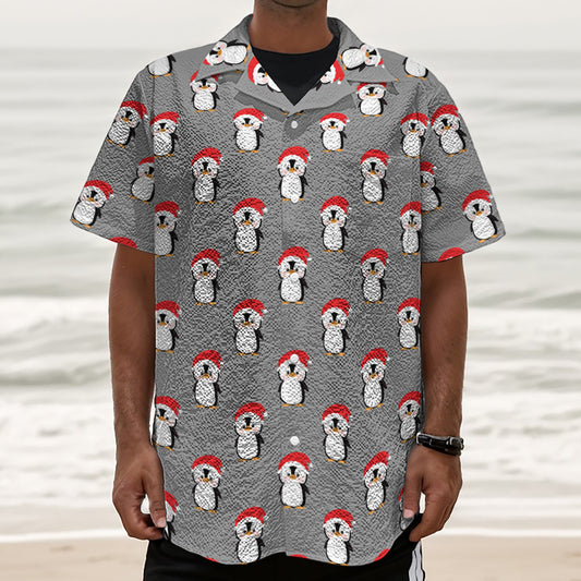 Christmas Santa Penguin Pattern Print Textured Short Sleeve Shirt
