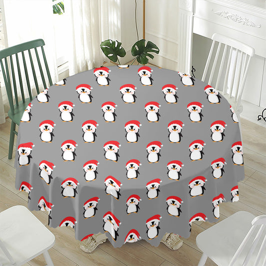 Christmas Santa Penguin Pattern Print Waterproof Round Tablecloth