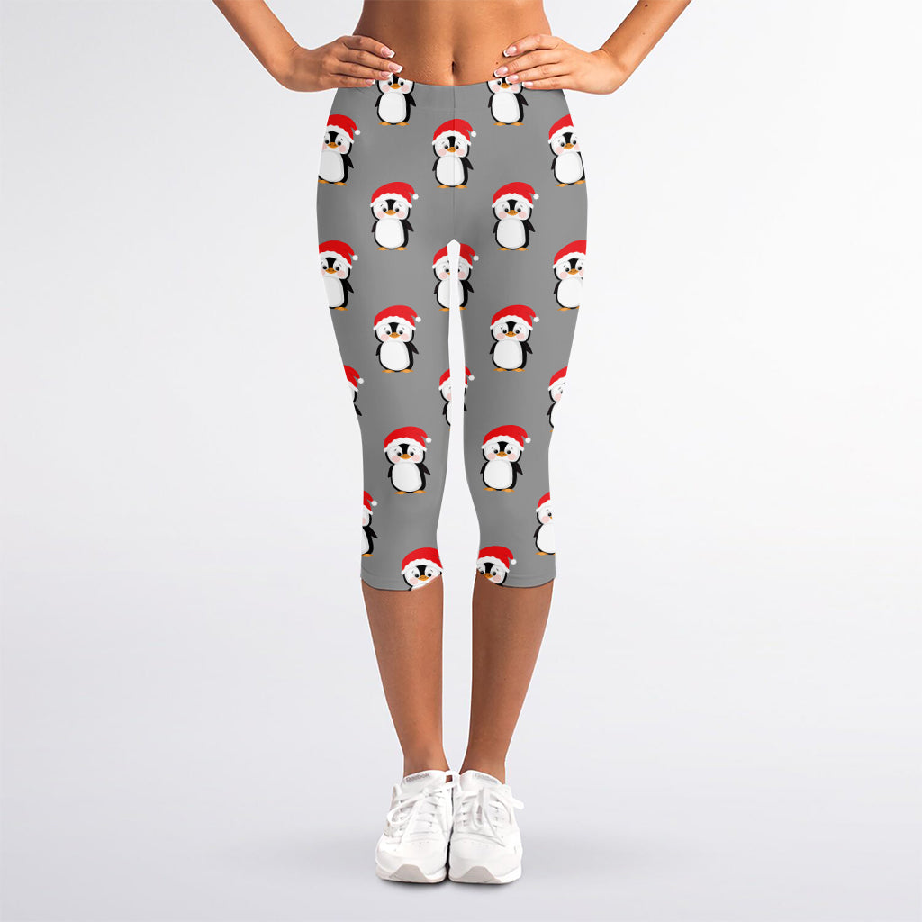 Christmas Santa Penguin Pattern Print Women's Capri Leggings
