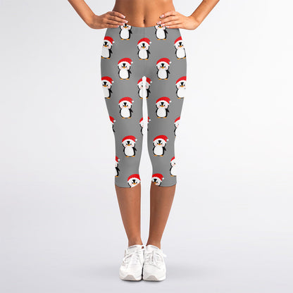 Christmas Santa Penguin Pattern Print Women's Capri Leggings