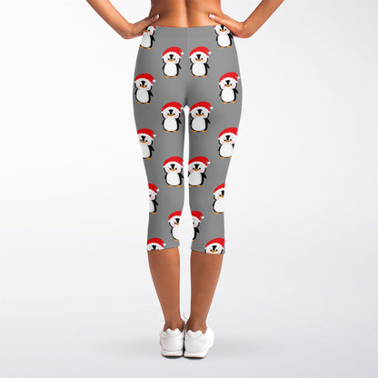 Christmas Santa Penguin Pattern Print Women's Capri Leggings