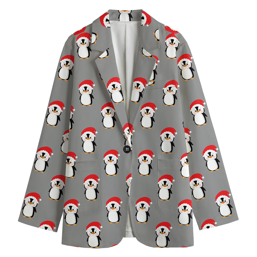 Christmas Santa Penguin Pattern Print Women's Cotton Blazer