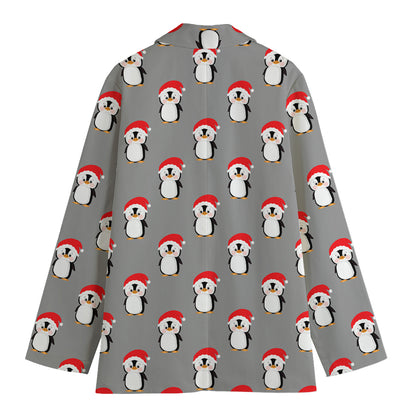 Christmas Santa Penguin Pattern Print Women's Cotton Blazer