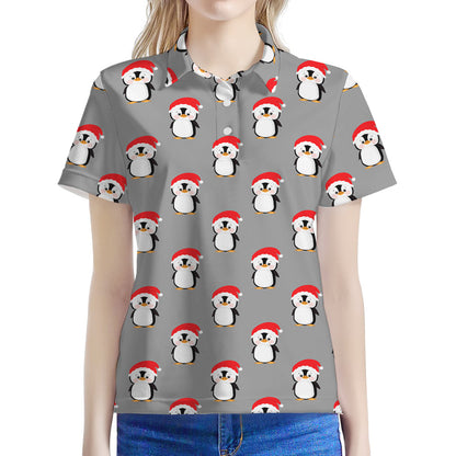 Christmas Santa Penguin Pattern Print Women's Polo Shirt