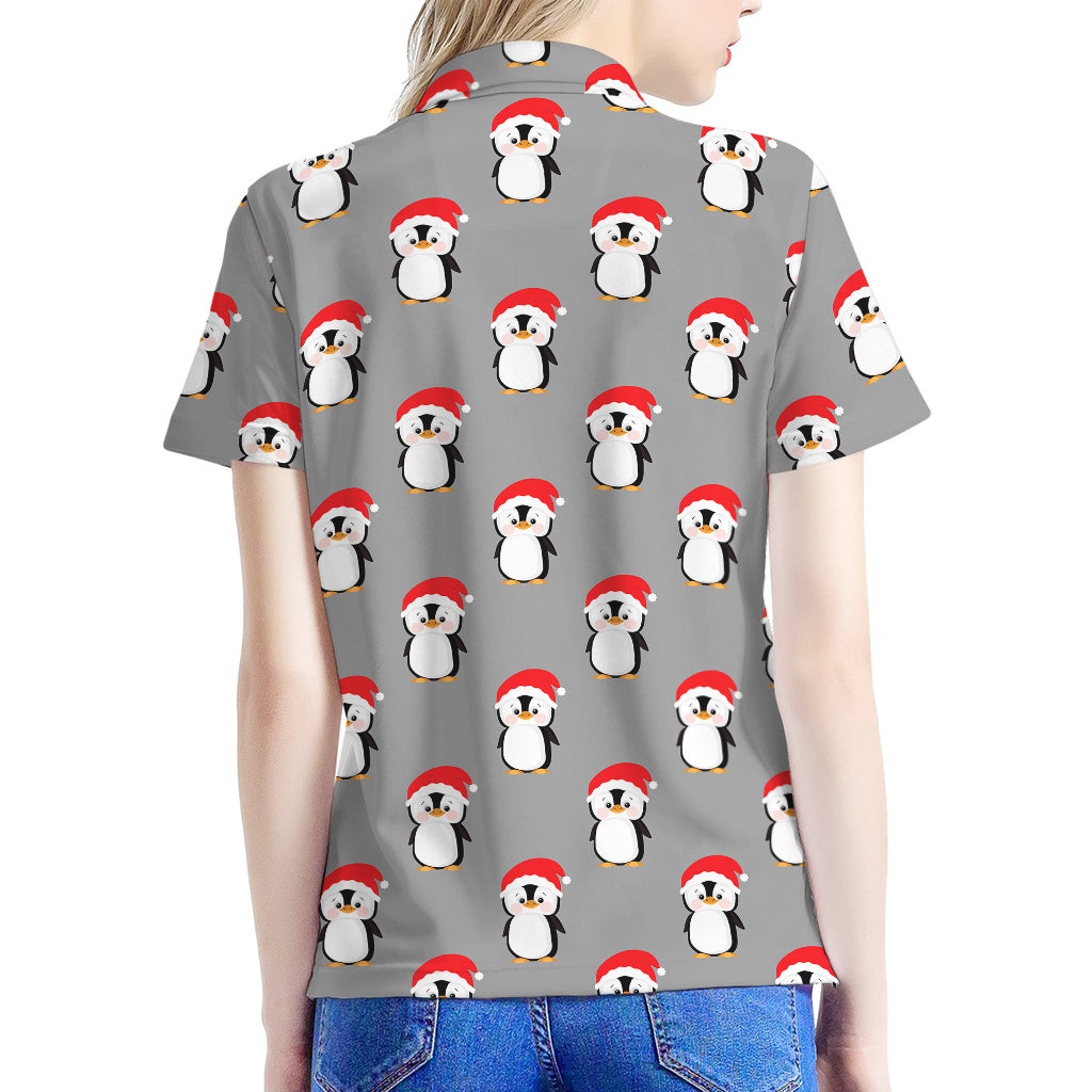 Christmas Santa Penguin Pattern Print Women's Polo Shirt