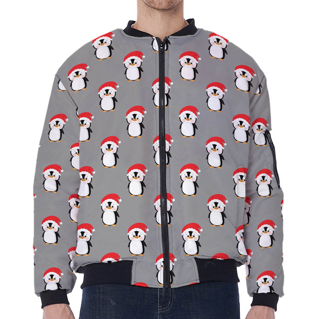 Christmas Santa Penguin Pattern Print Zip Sleeve Bomber Jacket