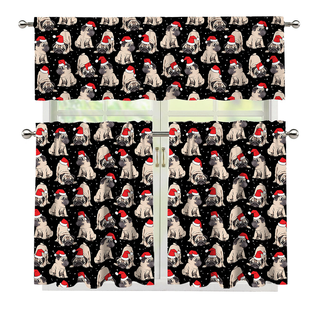 Christmas Santa Pug Pattern Print 3 Piece Kitchen Curtains
