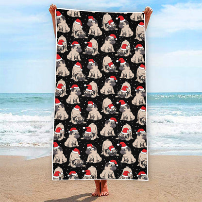 Christmas Santa Pug Pattern Print Beach Towel