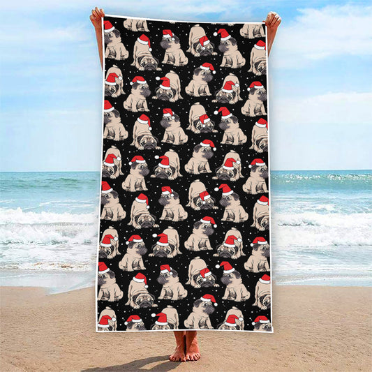 Christmas Santa Pug Pattern Print Beach Towel