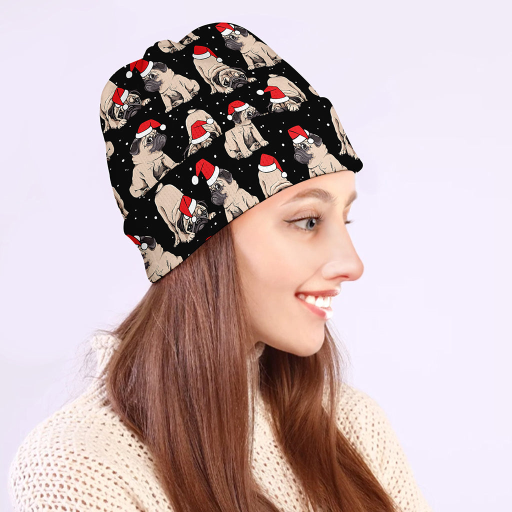 Christmas Santa Pug Pattern Print Beanie