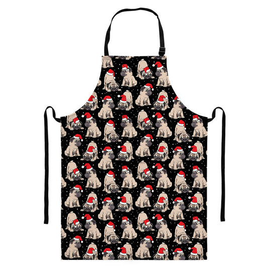 Christmas Santa Pug Pattern Print Bib Apron With Pocket
