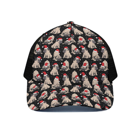 Christmas Santa Pug Pattern Print Black Mesh Trucker Cap