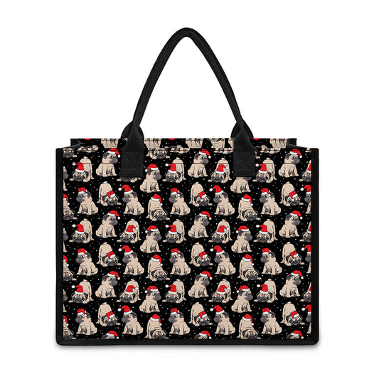 Christmas Santa Pug Pattern Print Canvas Tote Bag