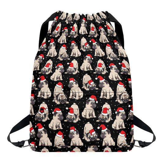 Christmas Santa Pug Pattern Print Drawstring Backpack