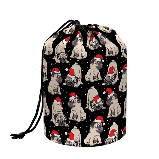 Christmas Santa Pug Pattern Print Drawstring Makeup Bag