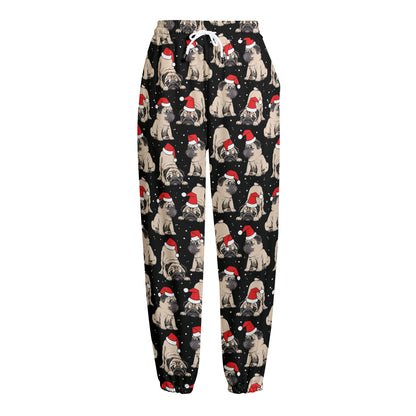 Christmas Santa Pug Pattern Print Fleece Lined Knit Pants