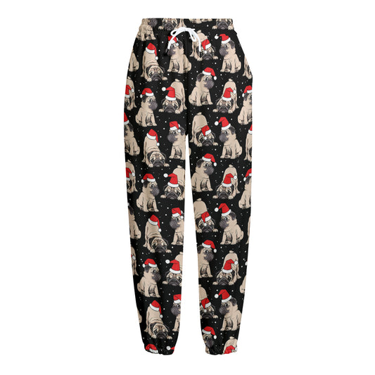 Christmas Santa Pug Pattern Print Fleece Lined Knit Pants