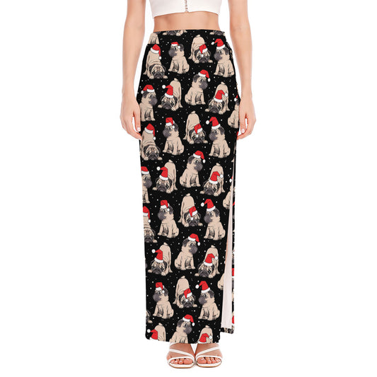 Christmas Santa Pug Pattern Print High Slit Maxi Skirt