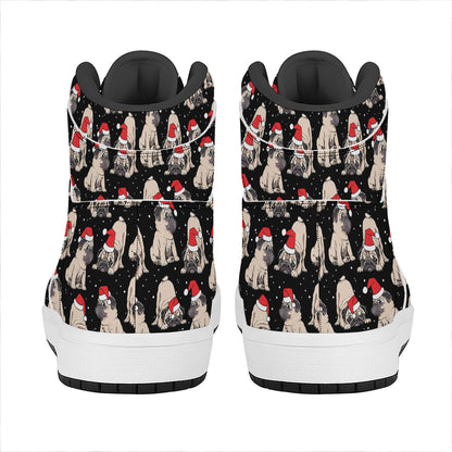 Christmas Santa Pug Pattern Print High Top Leather Sneakers