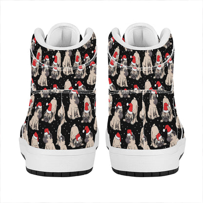 Christmas Santa Pug Pattern Print High Top Leather Sneakers