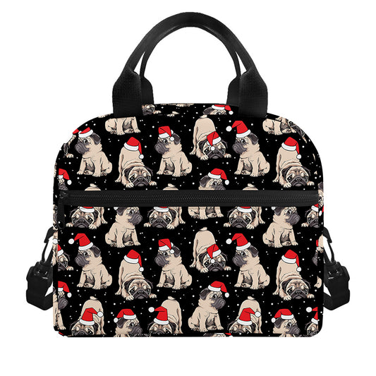 Christmas Santa Pug Pattern Print Insulated Lunch Bag