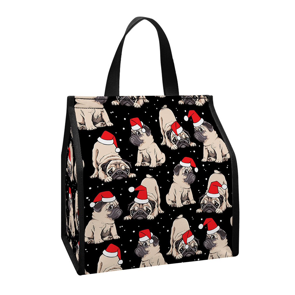 Christmas Santa Pug Pattern Print Insulated Lunch Tote