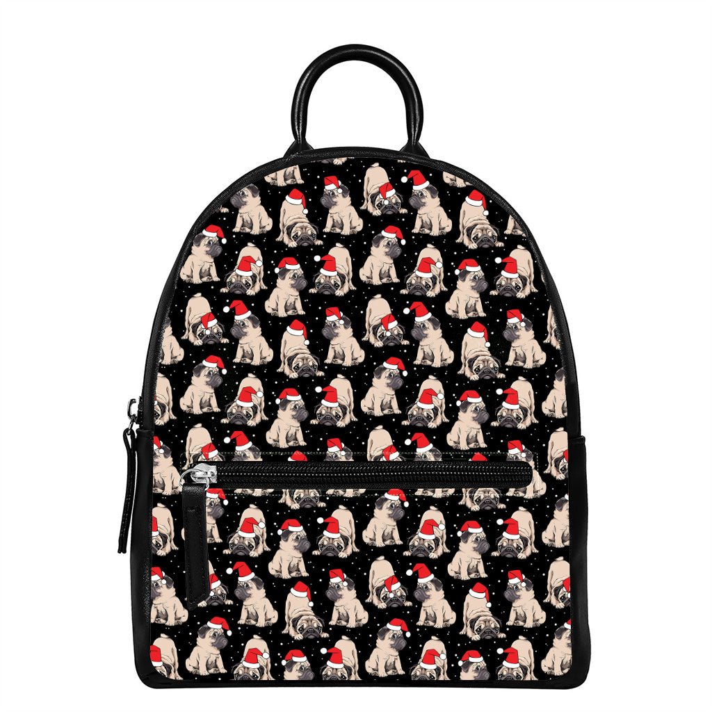 Christmas Santa Pug Pattern Print Leather Backpack