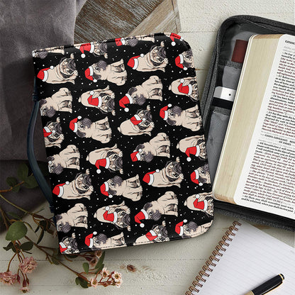 Christmas Santa Pug Pattern Print Leather Bible Cover
