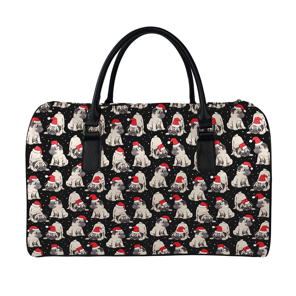 Christmas Santa Pug Pattern Print Leather Duffle Bag