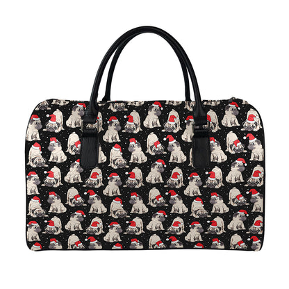 Christmas Santa Pug Pattern Print Leather Duffle Bag
