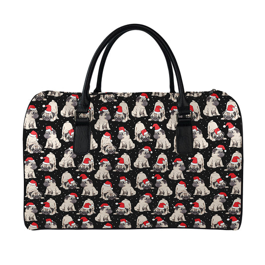 Christmas Santa Pug Pattern Print Leather Duffle Bag
