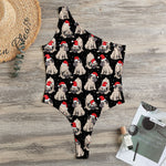 Christmas Santa Pug Pattern Print One Shoulder Bodysuit