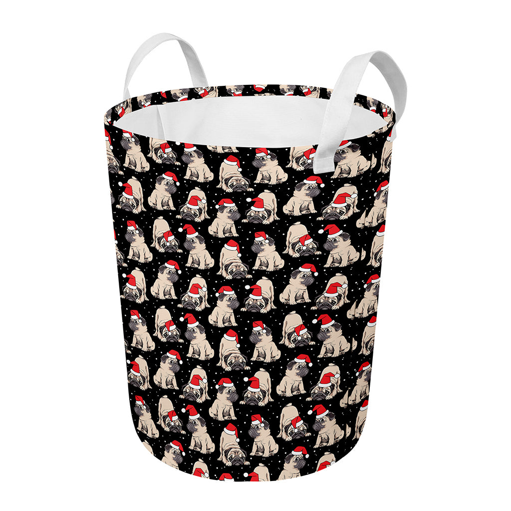 Christmas Santa Pug Pattern Print Round Laundry Basket