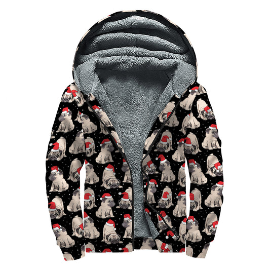Christmas Santa Pug Pattern Print Sherpa Lined Zip Up Hoodie