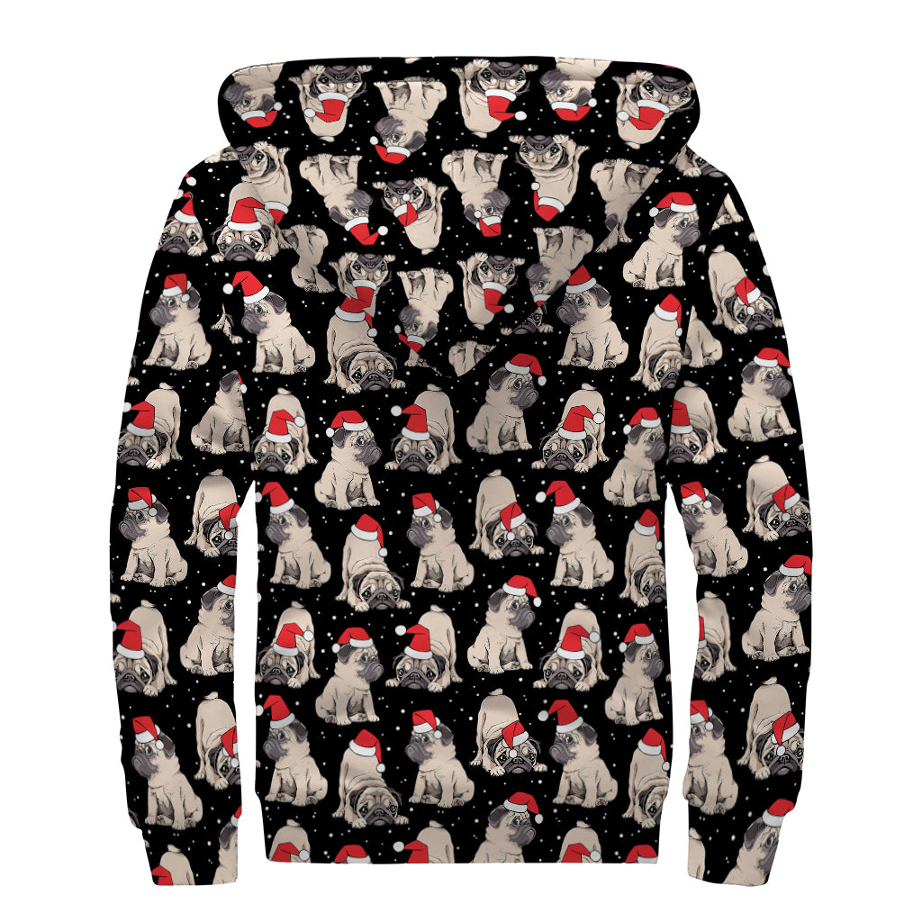 Christmas Santa Pug Pattern Print Sherpa Lined Zip Up Hoodie